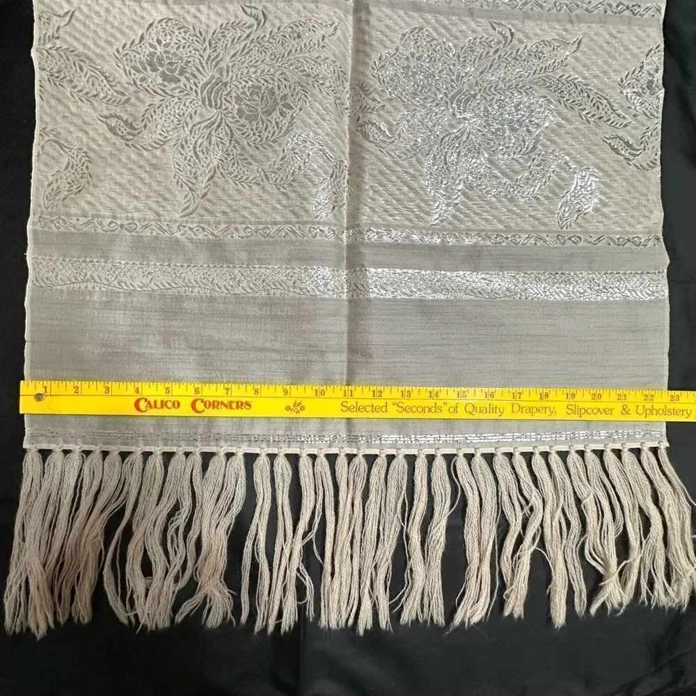 Stylish Vintage Silk Beige and Silver Floral Wrap Shawl Scarf Stole 66”x46”